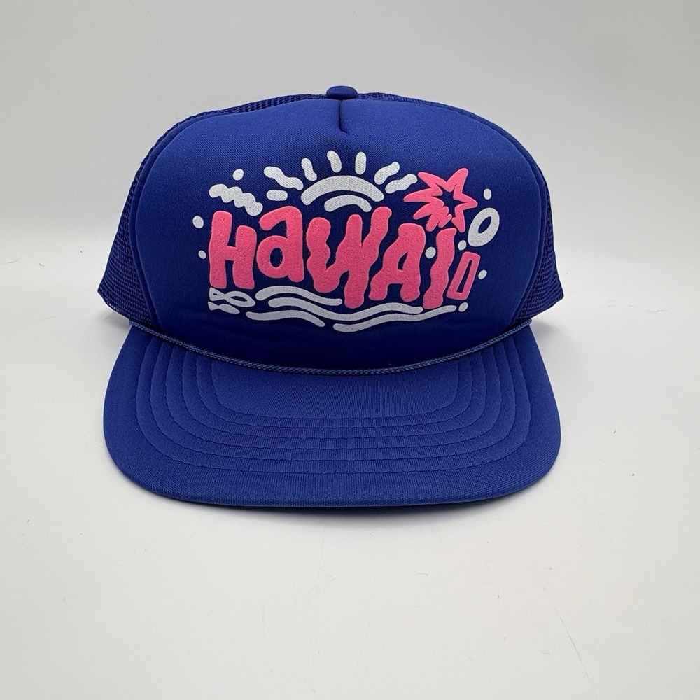 Hawaiian Headwear Hawaii Trucker Hat Blue Pink Foam Mesh Rope Snapback Vintage